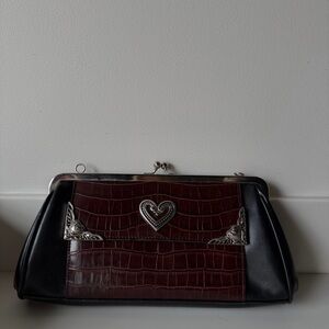 Vintage-Inspired Black & Dark Brown Croc Accent Clutch